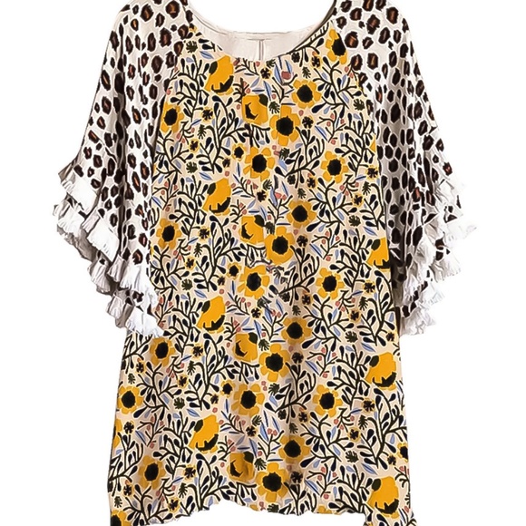 New Lace Ruffle Sleeves Crew Neck Print Colorblock Women's Loose T-Shirt - Picture 2 of 5